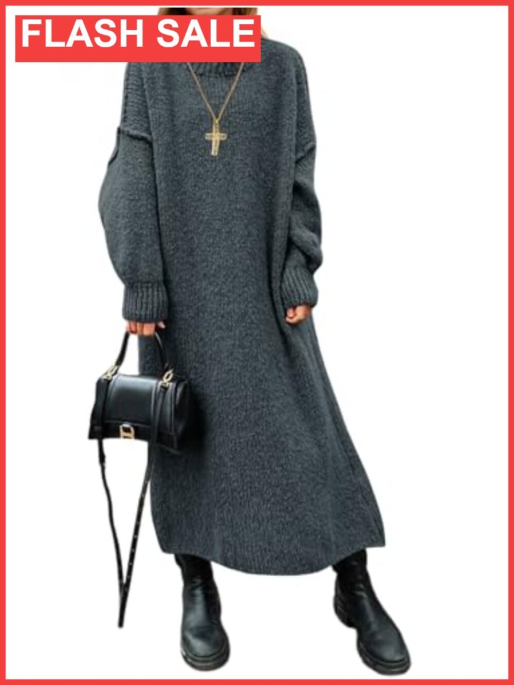 Oversized Mock Neck Long Sleeve Chunky Knit Sweater Dress Maxi